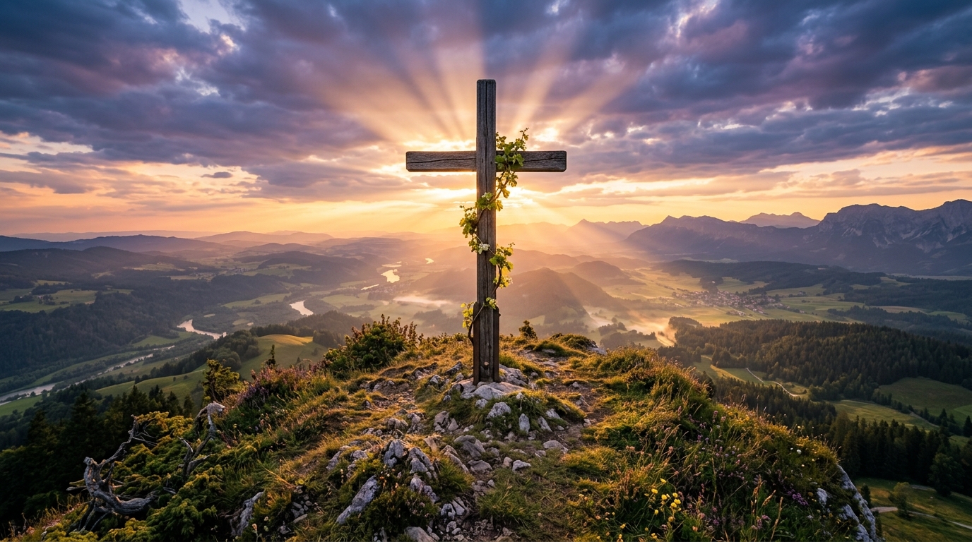Das leuchtende Kreuz auf dem Berg über dem Tal